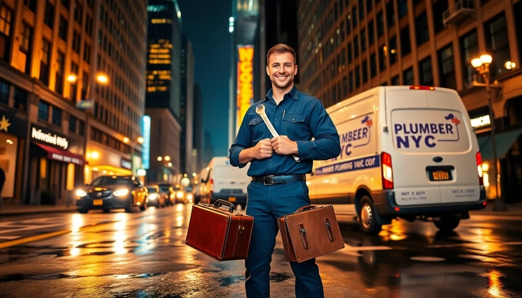 24 hour plumber nyc on a rainy night in NYC, ready for emergency service.