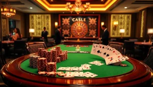 Engage in thrilling gameplay at https://gg88.gold/ with our luxurious casino scene showcasing vibrant tables and cards.