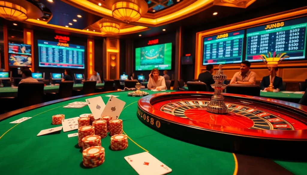 Engaging online casino scene showcasing Jun88's vibrant gaming atmosphere with poker chips and roulette wheel.
