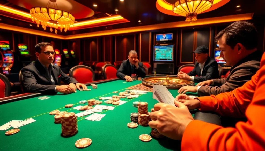 Players engaging in high-stakes poker at XX88 casino with vibrant chips and cards.