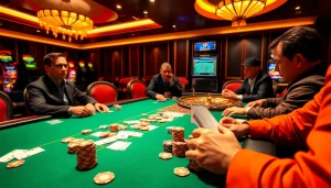 Players engaging in high-stakes poker at XX88 casino with vibrant chips and cards.