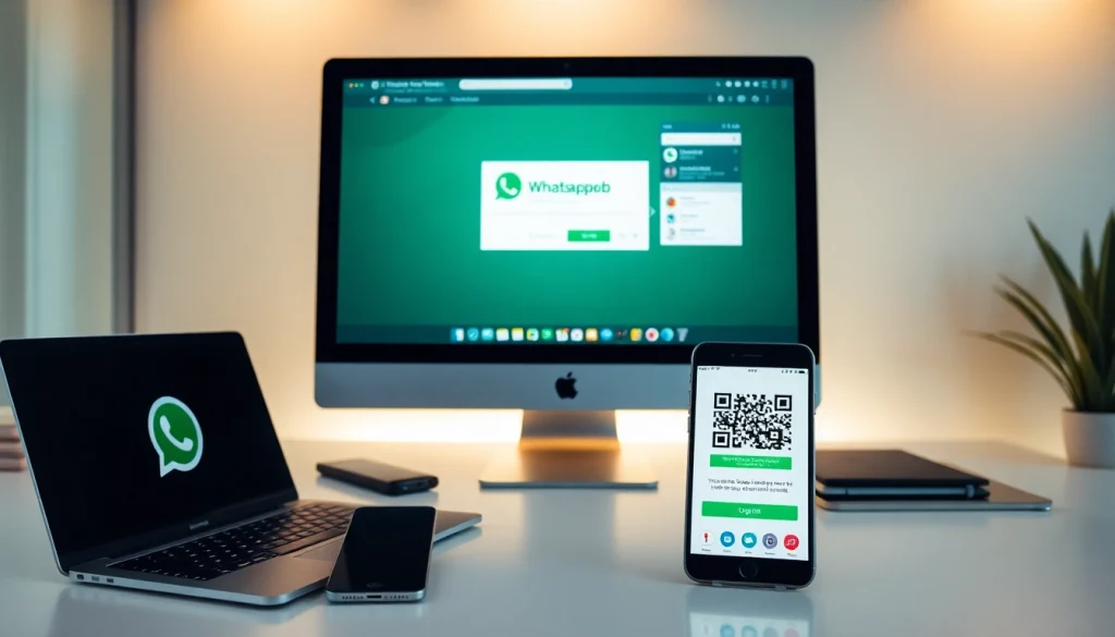 展示 WhatsApp网页版 在桌面上与智能手机并用的引人入胜的工作区。