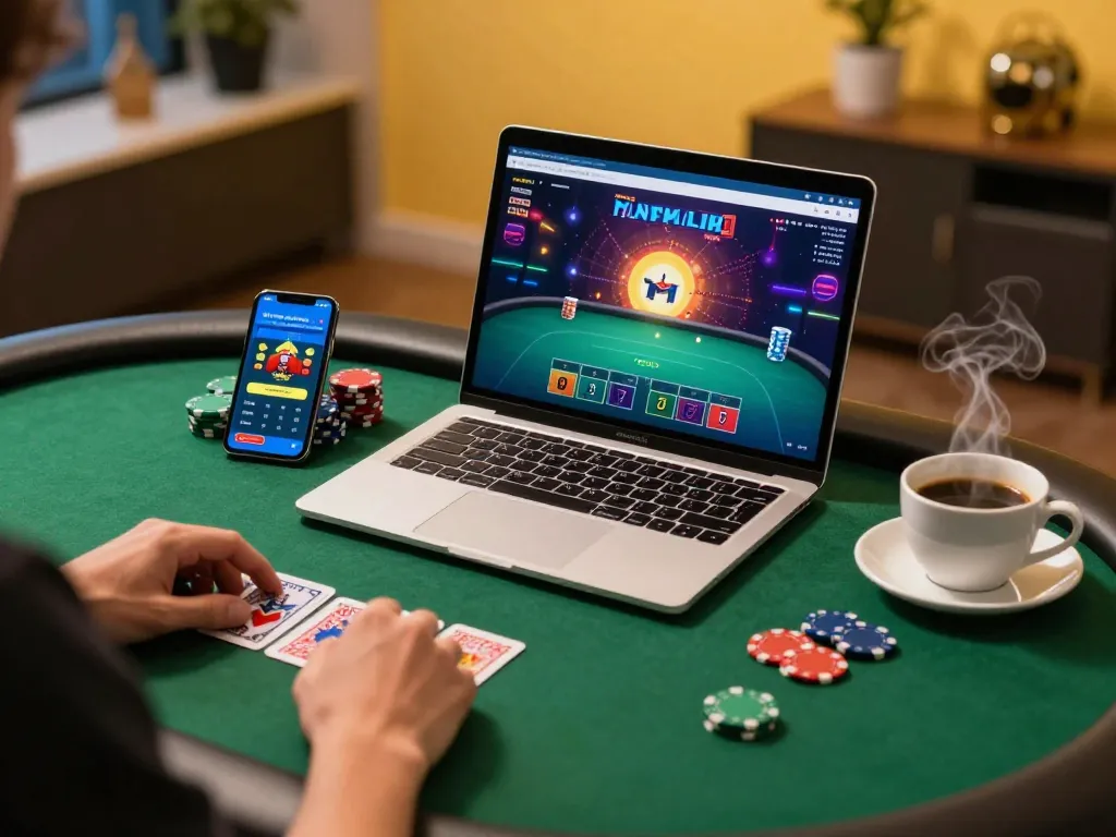 Engage in online poker gaming with https://sin88.chat/, showcasing chips and strategic gameplay in a cozy environment.