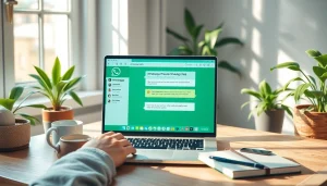 WhatsApp Web interface on a laptop in a cozy workspace, showcasing seamless communication.