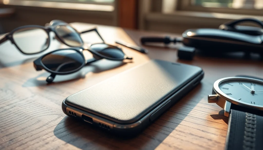 Handytasche Magnetverschluss elegant auf einem Holztablett präsentiert, umgeben von modischen Accessoires.