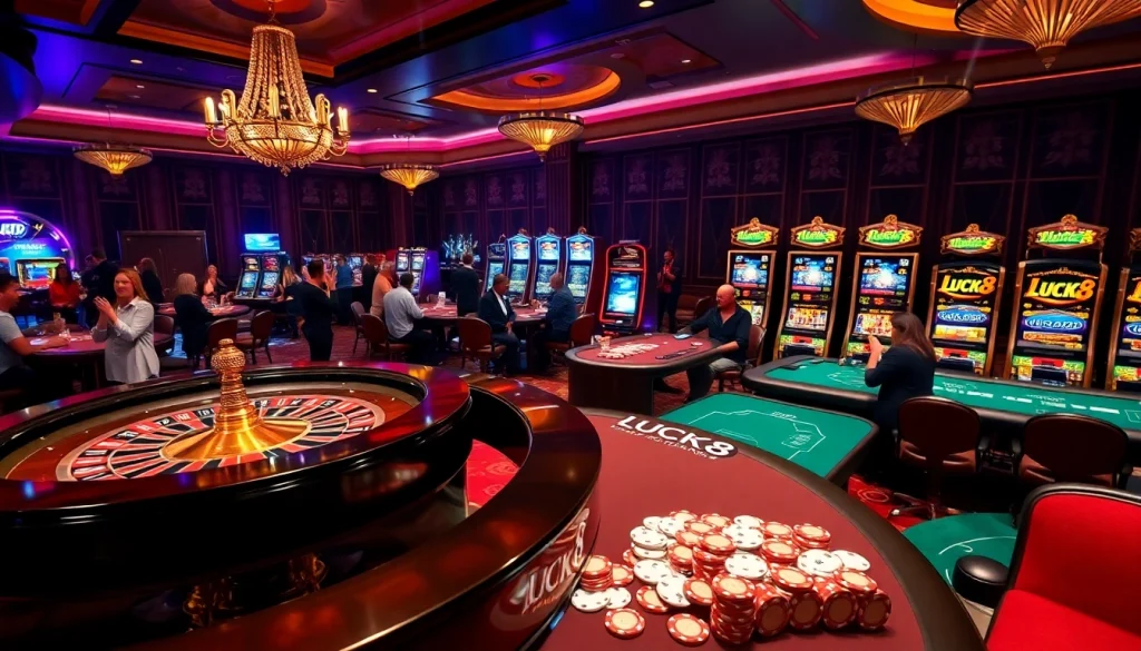 LUCK8 casino gaming scene showcasing roulette, poker chips, and a thrilling atmosphere.