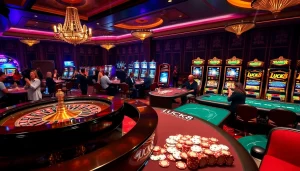 LUCK8 casino gaming scene showcasing roulette, poker chips, and a thrilling atmosphere.