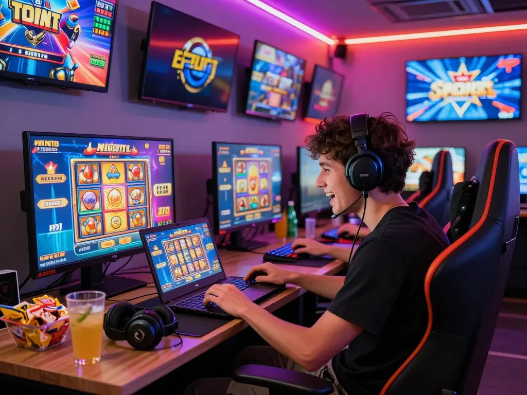 Situs slot gacor dengan suasana permainan yang ceria dengan penggemar bermain slot di laptop di ruangan yang penuh warna.