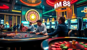 Players enjoying thrilling MM88 casino games at a luxurious poker table with vibrant graphics.