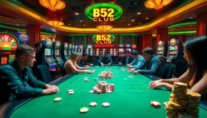 B52 CLUB showcases an exciting casino scene with players at a vibrant gaming table and colorful slot machines.