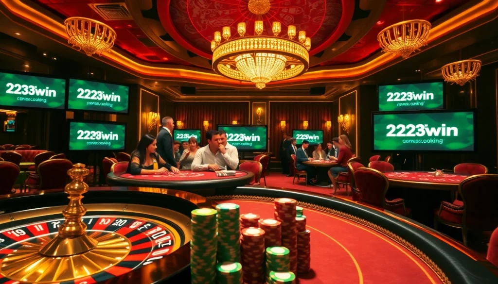 A dynamic scene of players enjoying high-stakes gaming at a luxurious casino featuring https://23win.cooking/ elements.