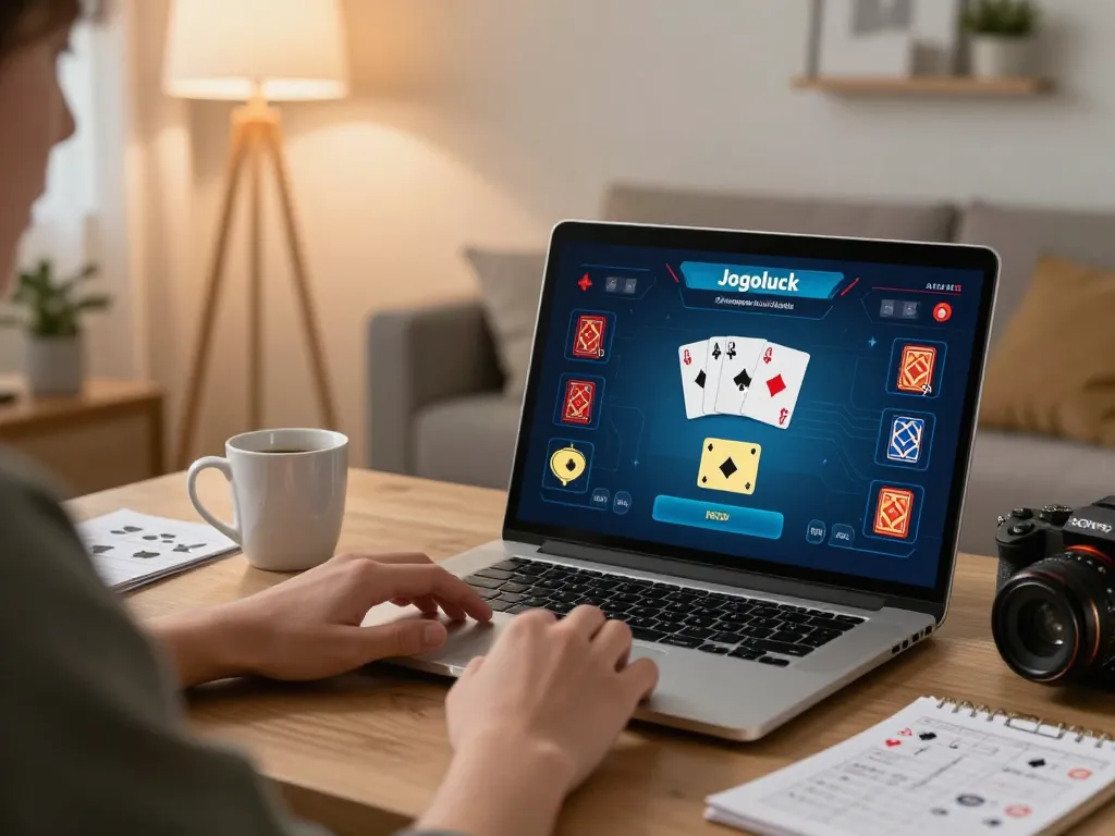 Player engaging with Jogoluck's online poker interface in a cozy home setting.