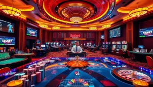 A dynamic online casino scene highlighting sbobet link alternatif with vibrant gaming tables and banners.