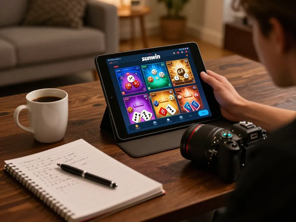 Player interacting with sunwin online casino platform, showcasing vibrant game interface and cozy gaming setup