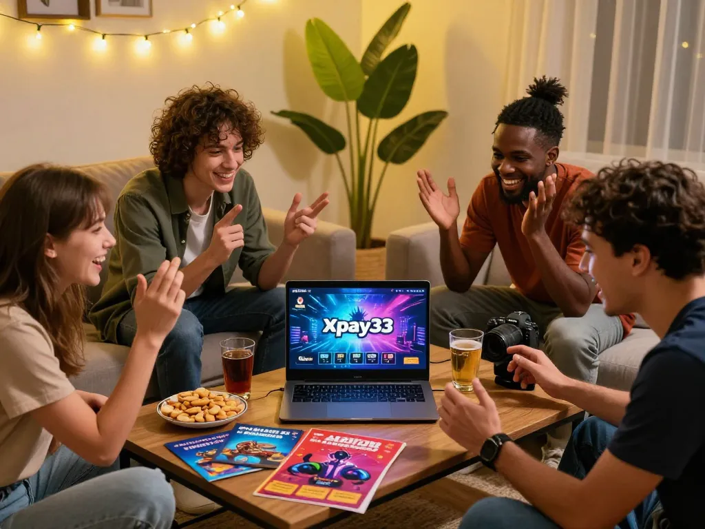 Xpay33 promotion gathering with friends enjoying online gaming in a cozy room, vibrant atmosphere, and promotional visuals.