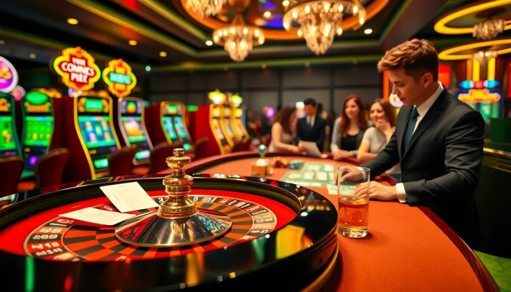 Excited players enjoy the thrill of casino games, featuring CM88-themed roulette and poker tables.