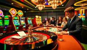 Excited players enjoy the thrill of casino games, featuring CM88-themed roulette and poker tables.