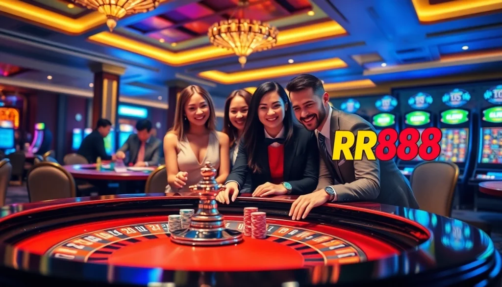 RR88 players enjoy intense excitement at a roulette table in a luxurious casino setting.