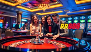 RR88 players enjoy intense excitement at a roulette table in a luxurious casino setting.