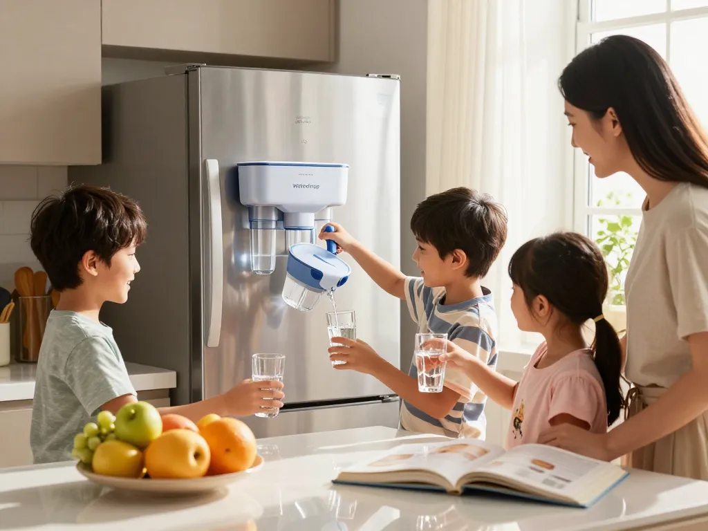 Family enjoying fresh water from the Waterdrop UKF8001 Refrigerator Water Filter 4 in a sunny kitchen.