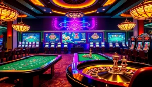 Vivez l'excitation du casino en ligne argent réel avec des tables de jeux vibrantes, des cartes et des éléments luxueux.