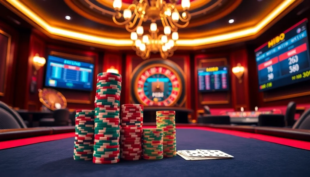 Exciting Hi88 casino scene featuring poker chips and cards at a luxury table.