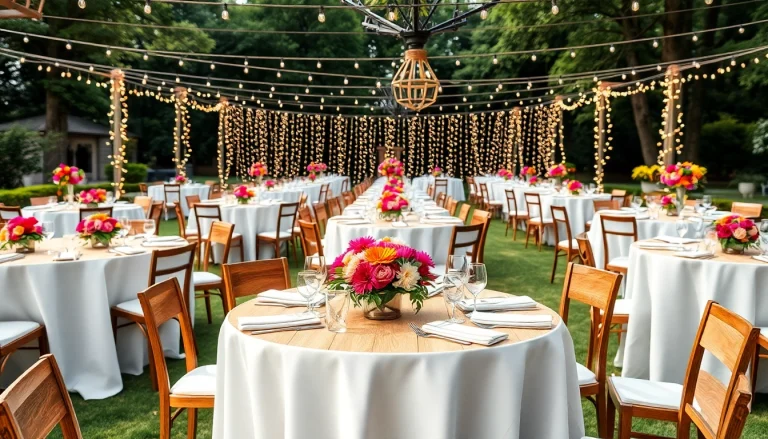 Beautifully arranged Table Rentals enhancing an outdoor event's atmosphere with elegant decor.