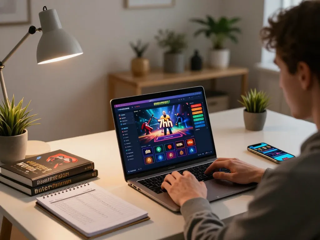 Engaging with 7hh online casino on a laptop in a cozy home office setting, highlighting responsible gaming.