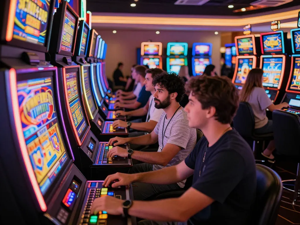 Players enjoying slot machines with vibrant colors and excitement at a casino.