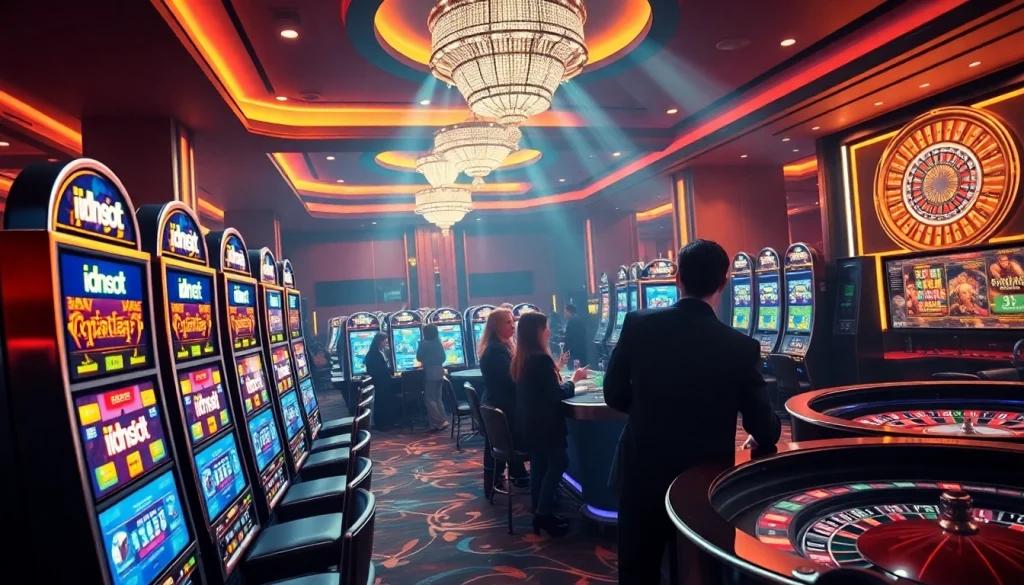 Experience the excitement of idnslot with vibrant slot machines and enthusiastic players in a luxurious casino setting.