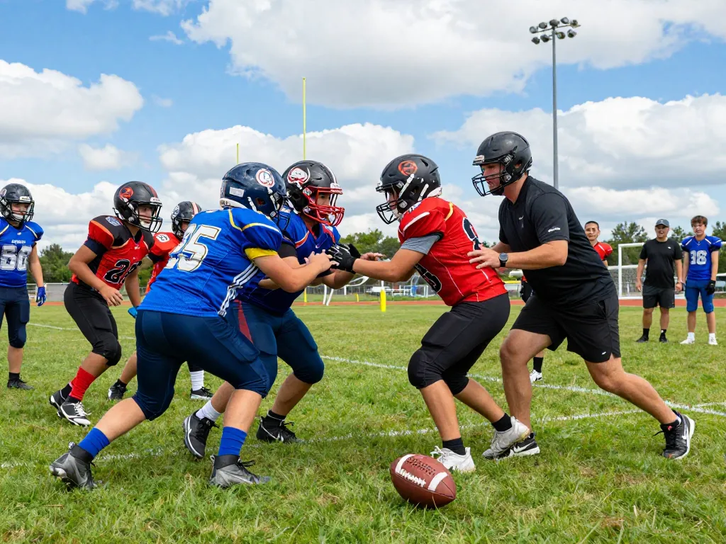 Youth football players in custom american football uniform usa practicing drills on a sunny field.