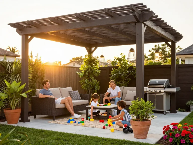 Family enjoying time under a pergola configurator designed outdoor space with greenery and soft lighting.