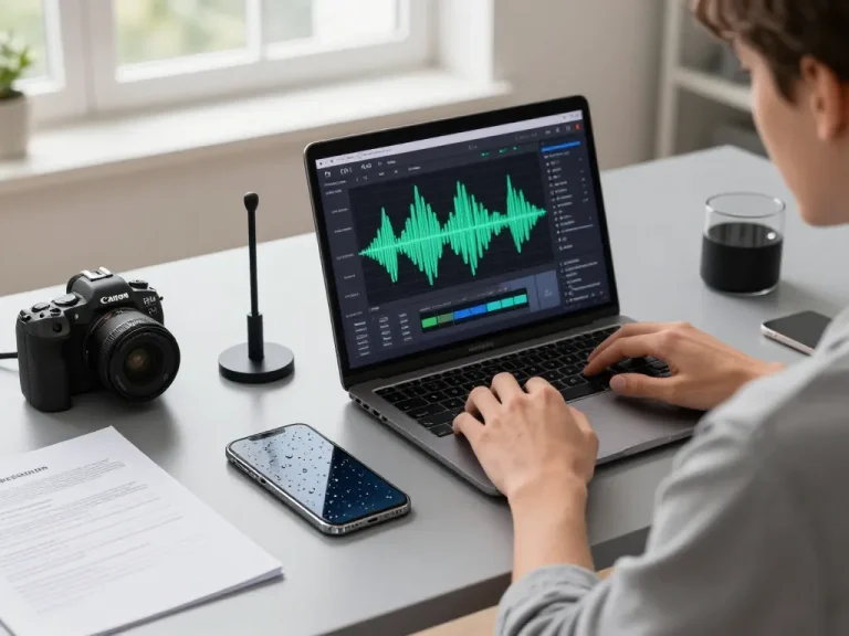 Fix My Speaker tool on a modern desk, showing a laptop and smartphone, emphasizing tech solutions for audio clarity.
