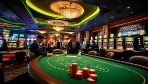 Players enjoying a thrilling game night at nk88.onl with poker chips and roulette wheels.