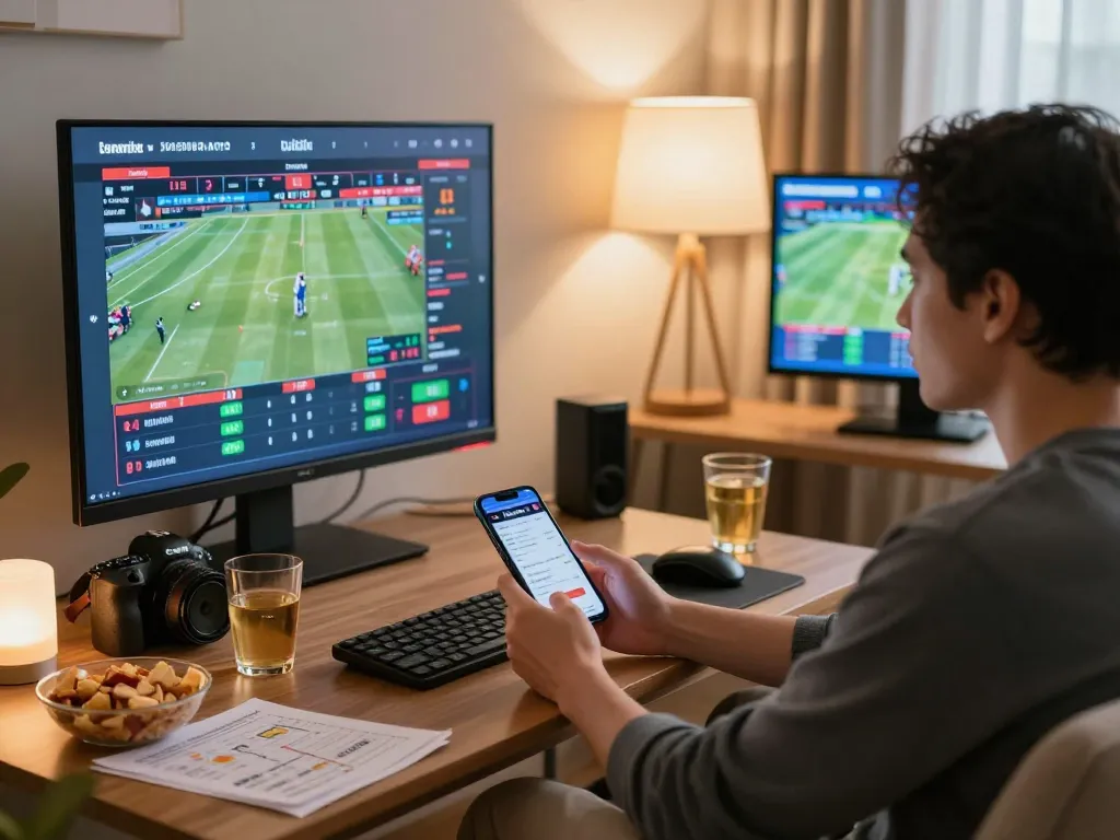 Engaging in sports betting with Livescore updates on smartphone and multiple screens in a cozy living room.