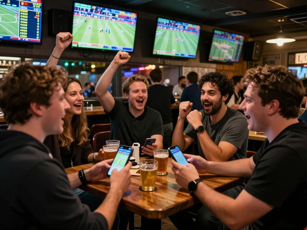 Enjoying the excitement of sports betting at https://56win.bid/ with friends and live match screens.