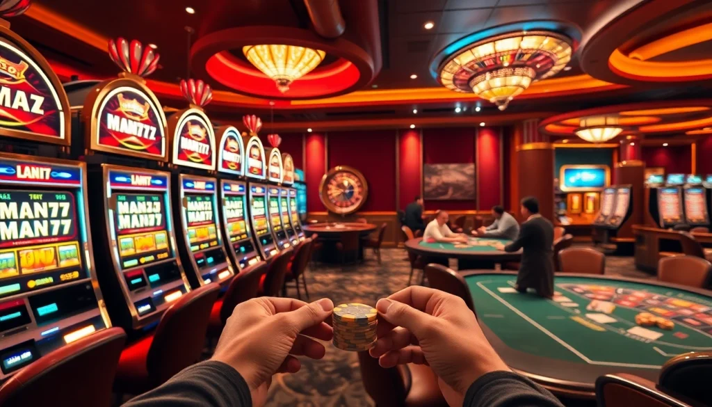 MANA777 slot machines glimmering in an inviting casino scene filled with excitement and luxury.
