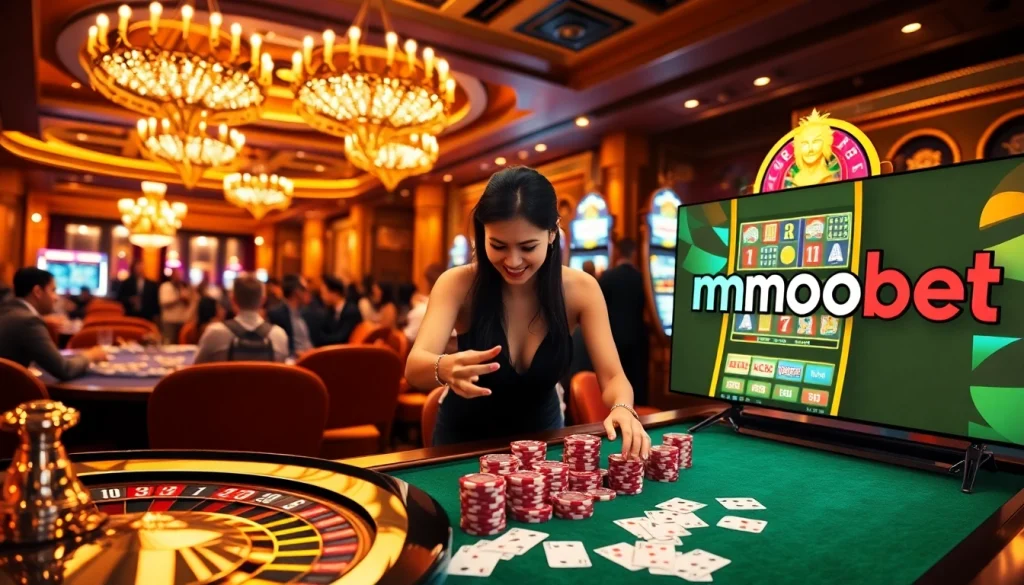 Experience the thrill of mmoobet with players at a luxurious casino, highlighted by roulette and slot machines.