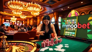 Experience the thrill of mmoobet with players at a luxurious casino, highlighted by roulette and slot machines.
