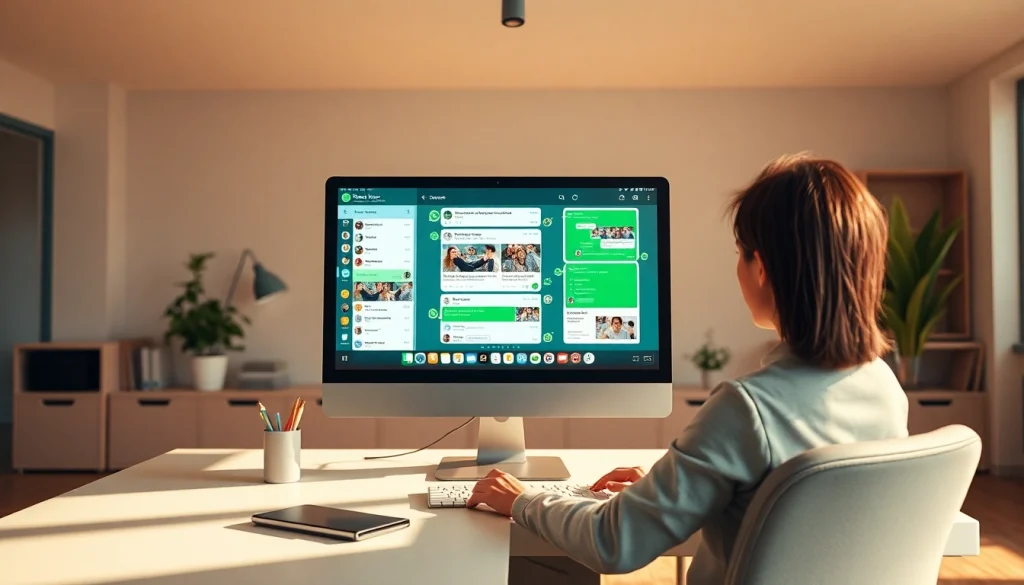 WhatsApp Web interface on a desktop, showcasing seamless communication in a modern office.