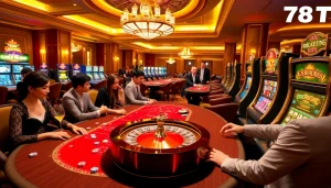 Engaging scene at 788T, depicting players joyfully betting at poker tables and slot machines in a luxurious casino atmosphere.