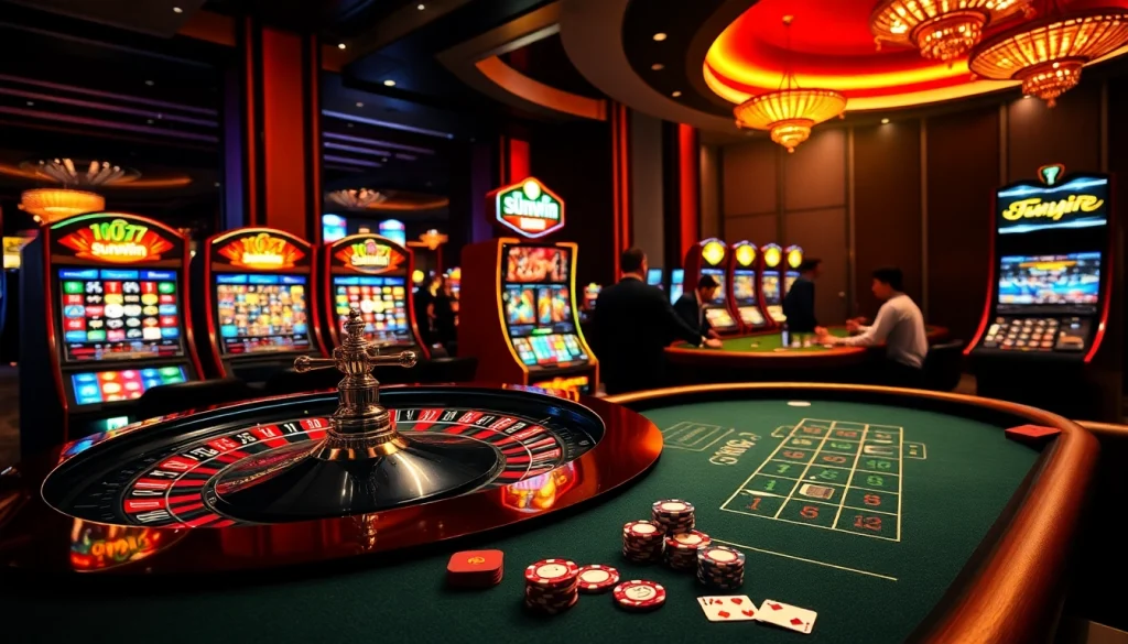 Experience sunwin's excitement with vibrant casino elements like roulette, blackjack, and dynamic slot machines.