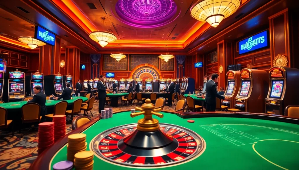 Players enjoying exciting games at F 168, surrounded by vibrant casino interiors and poker chips.
