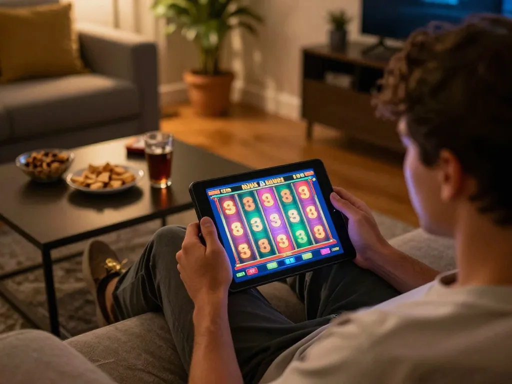 A person engaging with online slot games on a tablet, showcasing a cozy home gaming experience