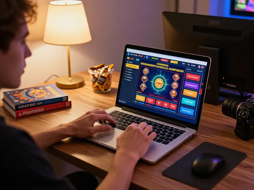 Engaging with SIGAPBET online gaming setup at home, showcasing laptop interface and personal touches for responsible gaming.
