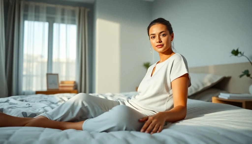 リカバリーウェア おすすめ: 静かな寝室でリカバリーウェアを着用するモデルが快適さとリラクゼーションを強調している様子。