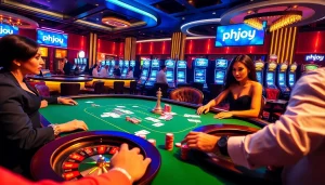 Players at a poker table enjoying high-stakes gambling with phjoy branding in the background.