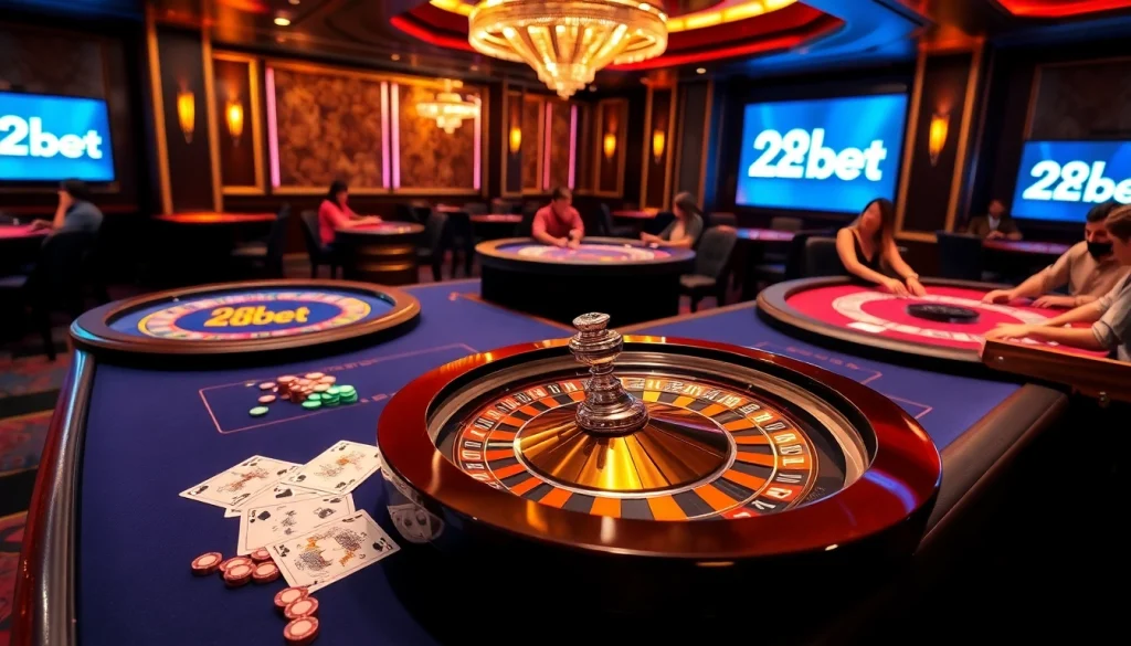 Experience the thrill of winning at 28bet's luxurious casino environment with roulette, poker, and vibrant chips.