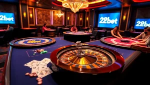 Experience the thrill of winning at 28bet's luxurious casino environment with roulette, poker, and vibrant chips.