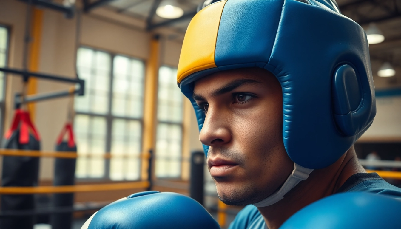 Boxer mit Headgear Boxing in einem Trainingsstudio zeigt Konzentration und Entschlossenheit.